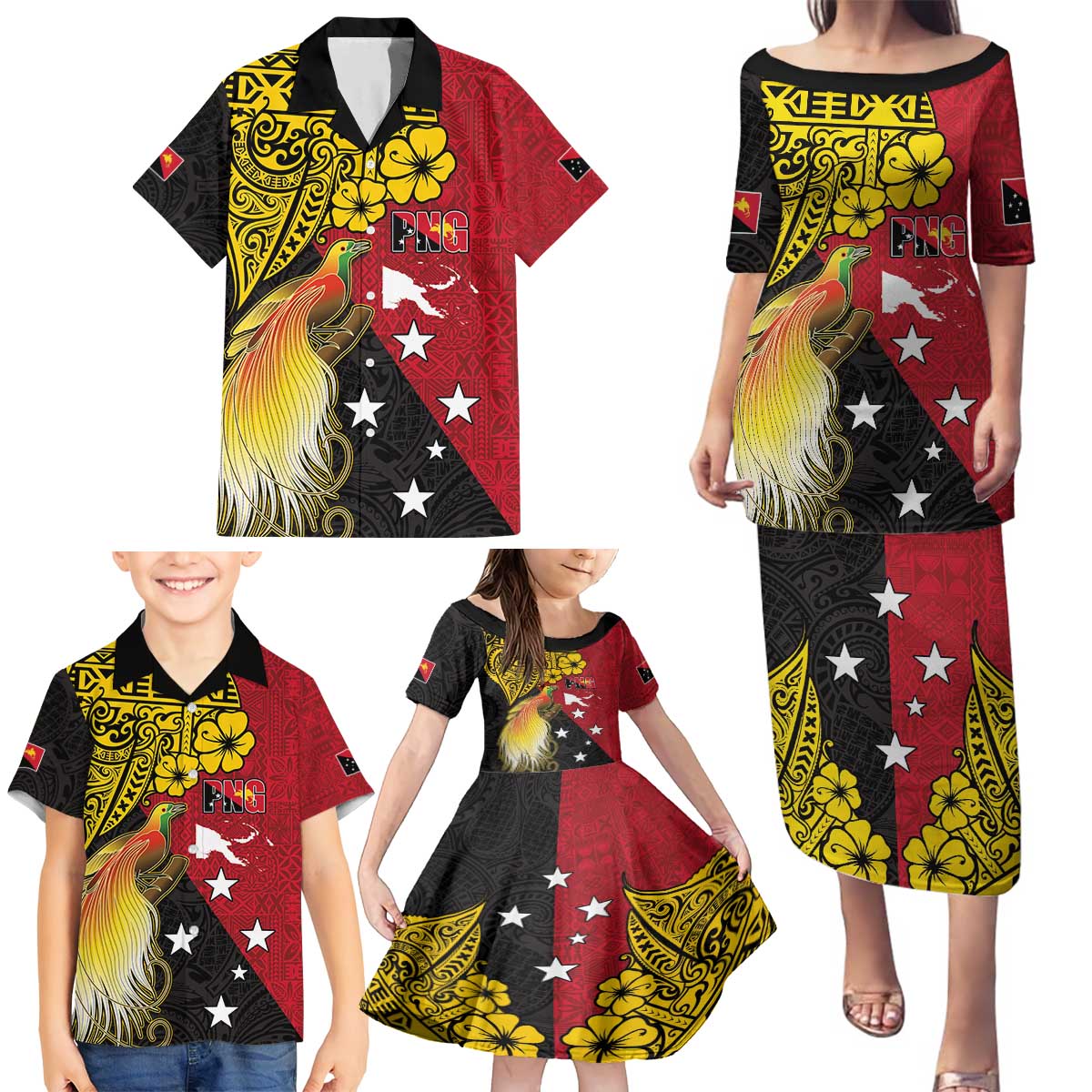 Papua New Guinea Independence Day Family Matching Puletasi and Hawaiian Shirt Bird-of-Paradise with Map and Polynesian Pattern LT03 - Polynesian Pride
