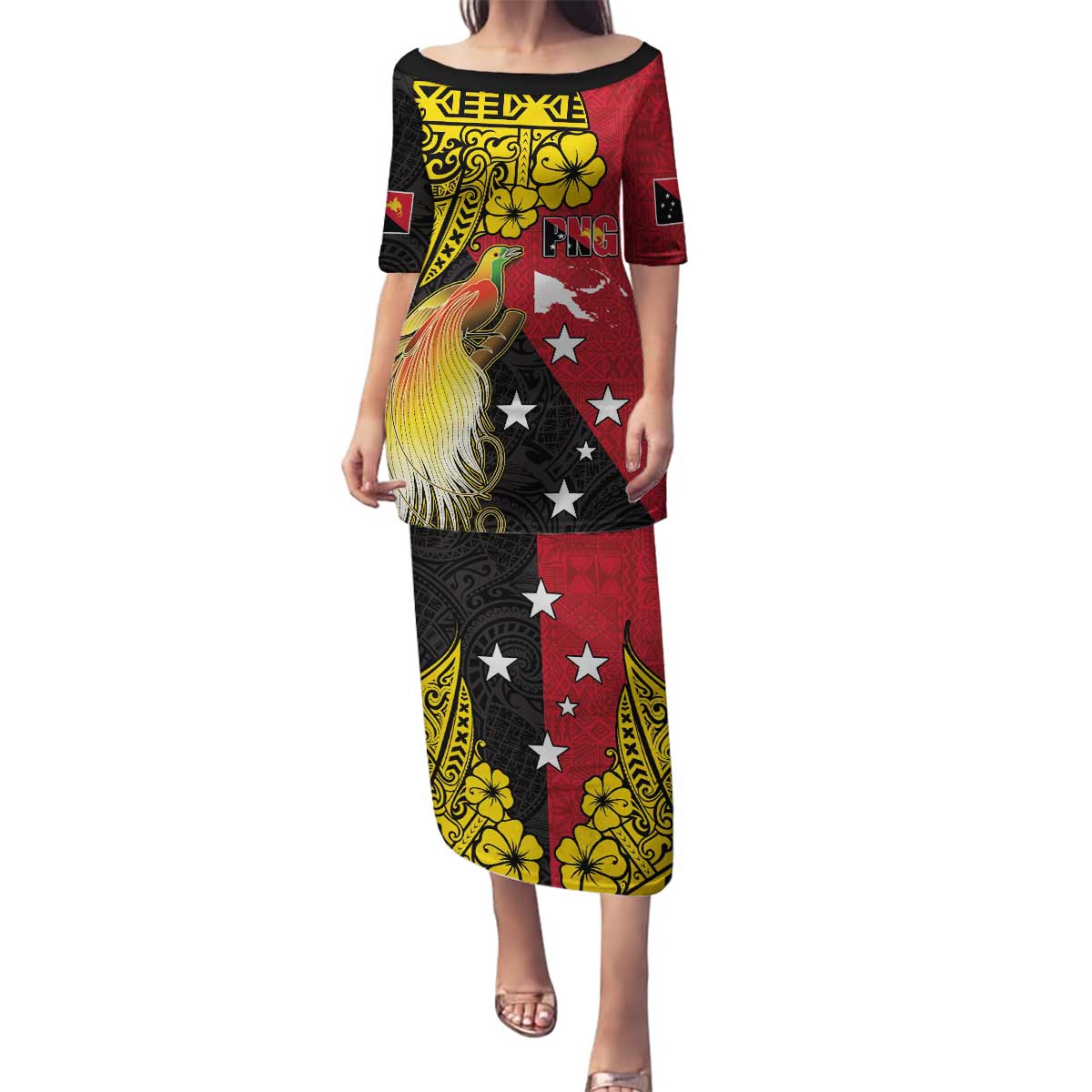 Papua New Guinea Independence Day Family Matching Puletasi and Hawaiian Shirt Bird-of-Paradise with Map and Polynesian Pattern LT03 Mom's Dress Black - Polynesian Pride