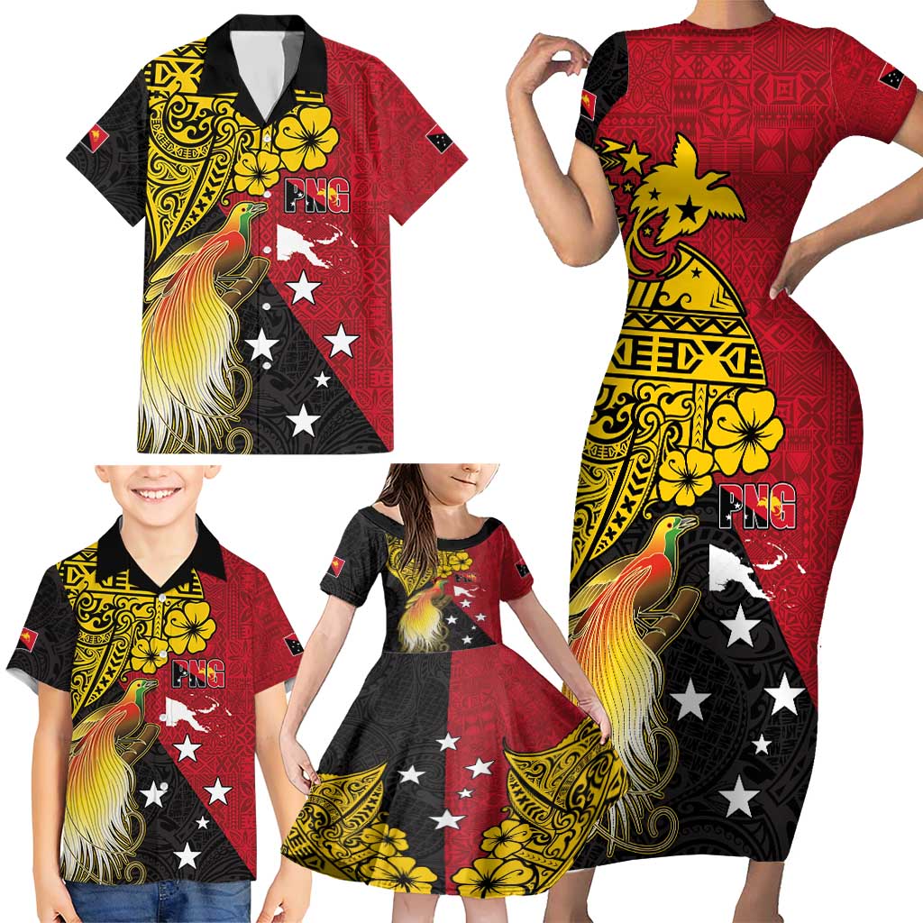 Papua New Guinea Independence Day Family Matching Short Sleeve Bodycon Dress and Hawaiian Shirt Bird-of-Paradise with Map and Polynesian Pattern LT03 - Polynesian Pride