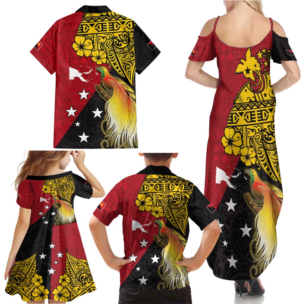 Papua New Guinea Independence Day Family Matching Summer Maxi Dress and Hawaiian Shirt Bird-of-Paradise with Map and Polynesian Pattern LT03 - Polynesian Pride