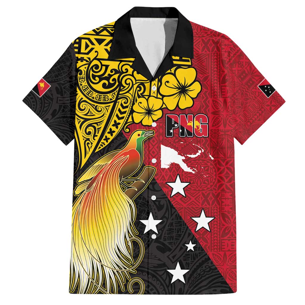 Papua New Guinea Independence Day Family Matching Summer Maxi Dress and Hawaiian Shirt Bird-of-Paradise with Map and Polynesian Pattern LT03 Dad's Shirt - Short Sleeve Black - Polynesian Pride