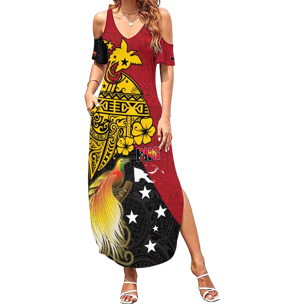 Papua New Guinea Independence Day Family Matching Summer Maxi Dress and Hawaiian Shirt Bird-of-Paradise with Map and Polynesian Pattern LT03 Mom's Dress Black - Polynesian Pride
