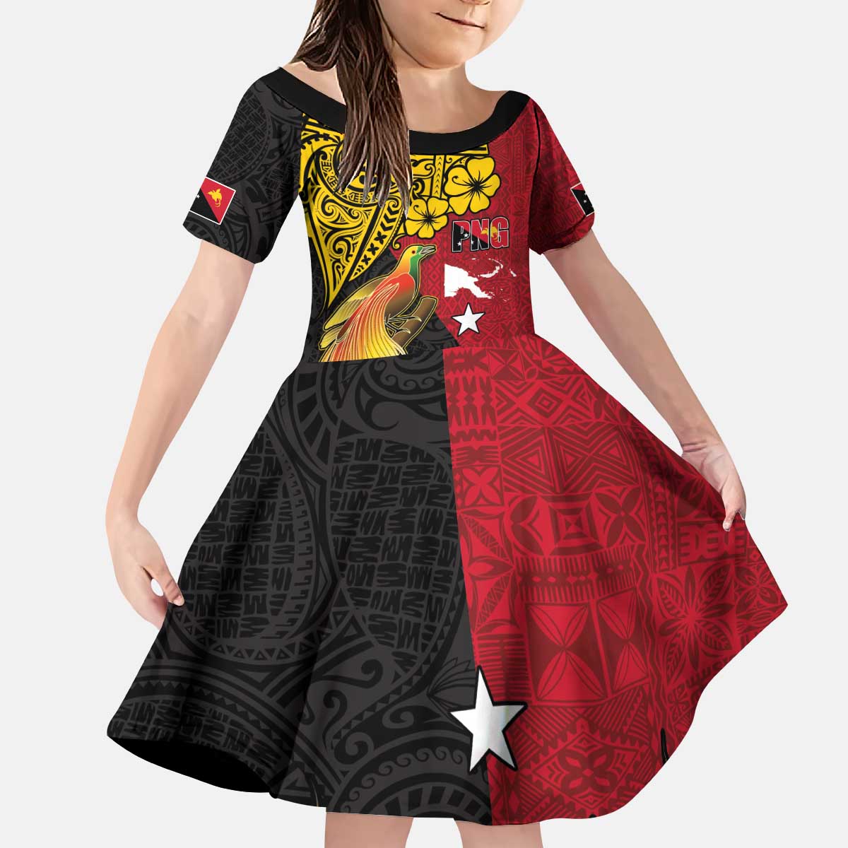 Papua New Guinea Independence Day Kid Short Sleeve Dress Bird-of-Paradise with Map and Polynesian Pattern