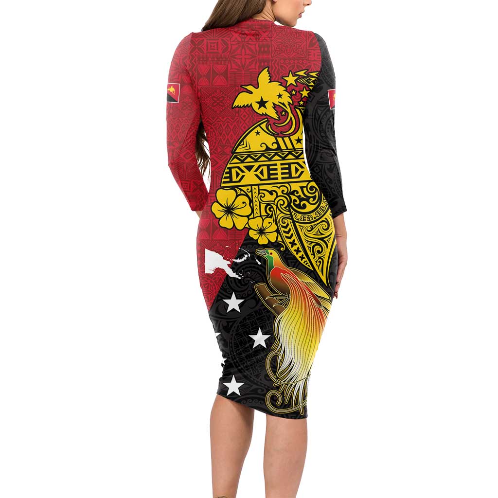Papua New Guinea Independence Day Long Sleeve Bodycon Dress Bird-of-Paradise with Map and Polynesian Pattern