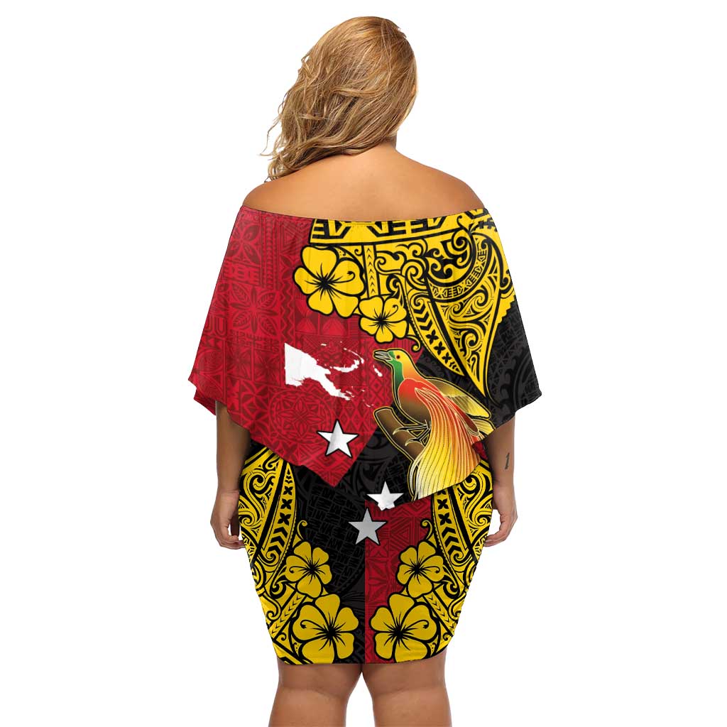 Papua New Guinea Independence Day Off Shoulder Short Dress Bird-of-Paradise with Map and Polynesian Pattern