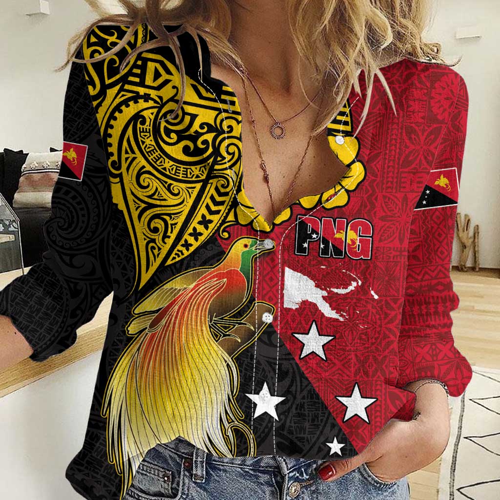 Papua New Guinea Independence Day Women Casual Shirt Bird-of-Paradise with Map and Polynesian Pattern LT03 Female Black - Polynesian Pride