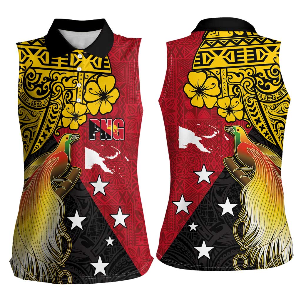 Papua New Guinea Independence Day Women Sleeveless Polo Shirt Bird-of-Paradise with Map and Polynesian Pattern LT03 - Polynesian Pride