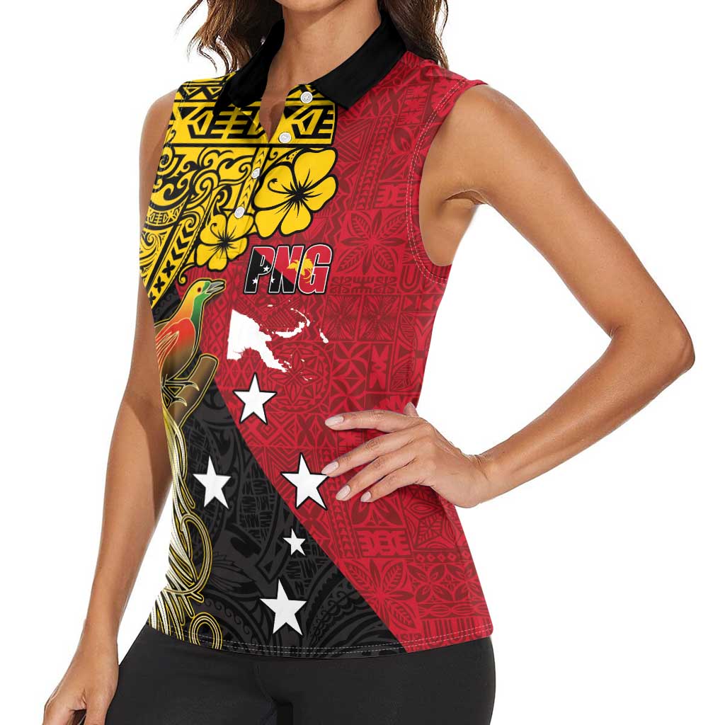 Papua New Guinea Independence Day Women Sleeveless Polo Shirt Bird-of-Paradise with Map and Polynesian Pattern LT03 - Polynesian Pride