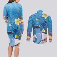 Aloha Hawaiian Monk Seal Couples Matching Long Sleeve Bodycon Dress and Long Sleeve Button Shirt Polynesian Tattoo The Ocean and Undersea Vibe