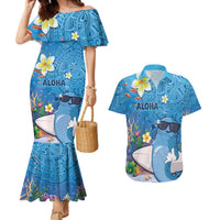 Aloha Hawaiian Monk Seal Couples Matching Mermaid Dress and Hawaiian Shirt Polynesian Tattoo The Ocean and Undersea Vibe LT03 Blue - Polynesian Pride