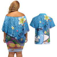 Aloha Hawaiian Monk Seal Couples Matching Off Shoulder Short Dress and Hawaiian Shirt Polynesian Tattoo The Ocean and Undersea Vibe