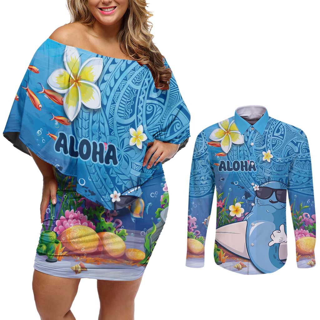 Aloha Hawaiian Monk Seal Couples Matching Off Shoulder Short Dress and Long Sleeve Button Shirt Polynesian Tattoo The Ocean and Undersea Vibe