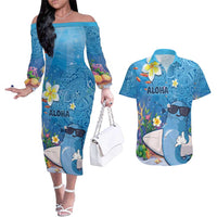 Aloha Hawaiian Monk Seal Couples Matching Off The Shoulder Long Sleeve Dress and Hawaiian Shirt Polynesian Tattoo The Ocean and Undersea Vibe