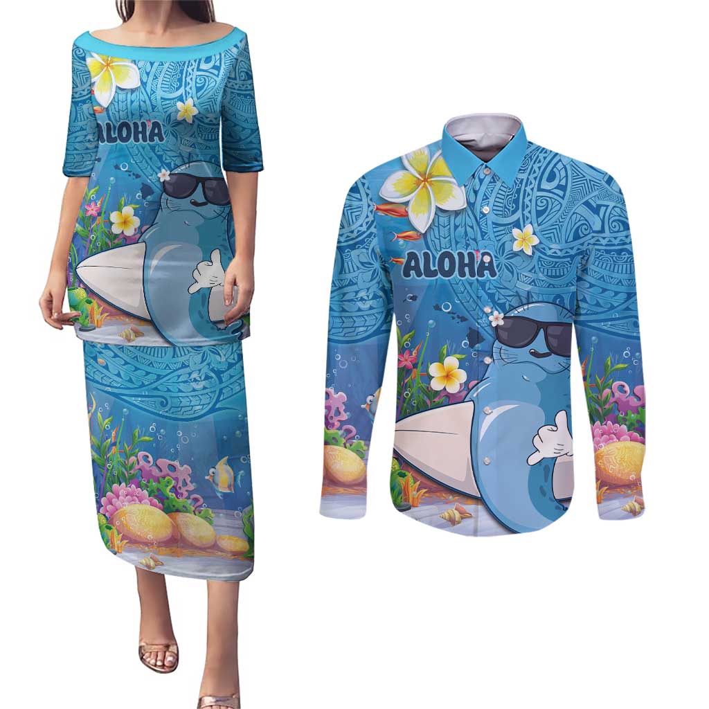 Aloha Hawaiian Monk Seal Couples Matching Puletasi and Long Sleeve Button Shirt Polynesian Tattoo The Ocean and Undersea Vibe LT03 Blue - Polynesian Pride