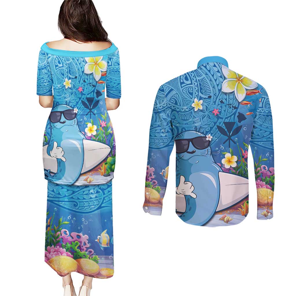 Aloha Hawaiian Monk Seal Couples Matching Puletasi and Long Sleeve Button Shirt Polynesian Tattoo The Ocean and Undersea Vibe LT03 - Polynesian Pride