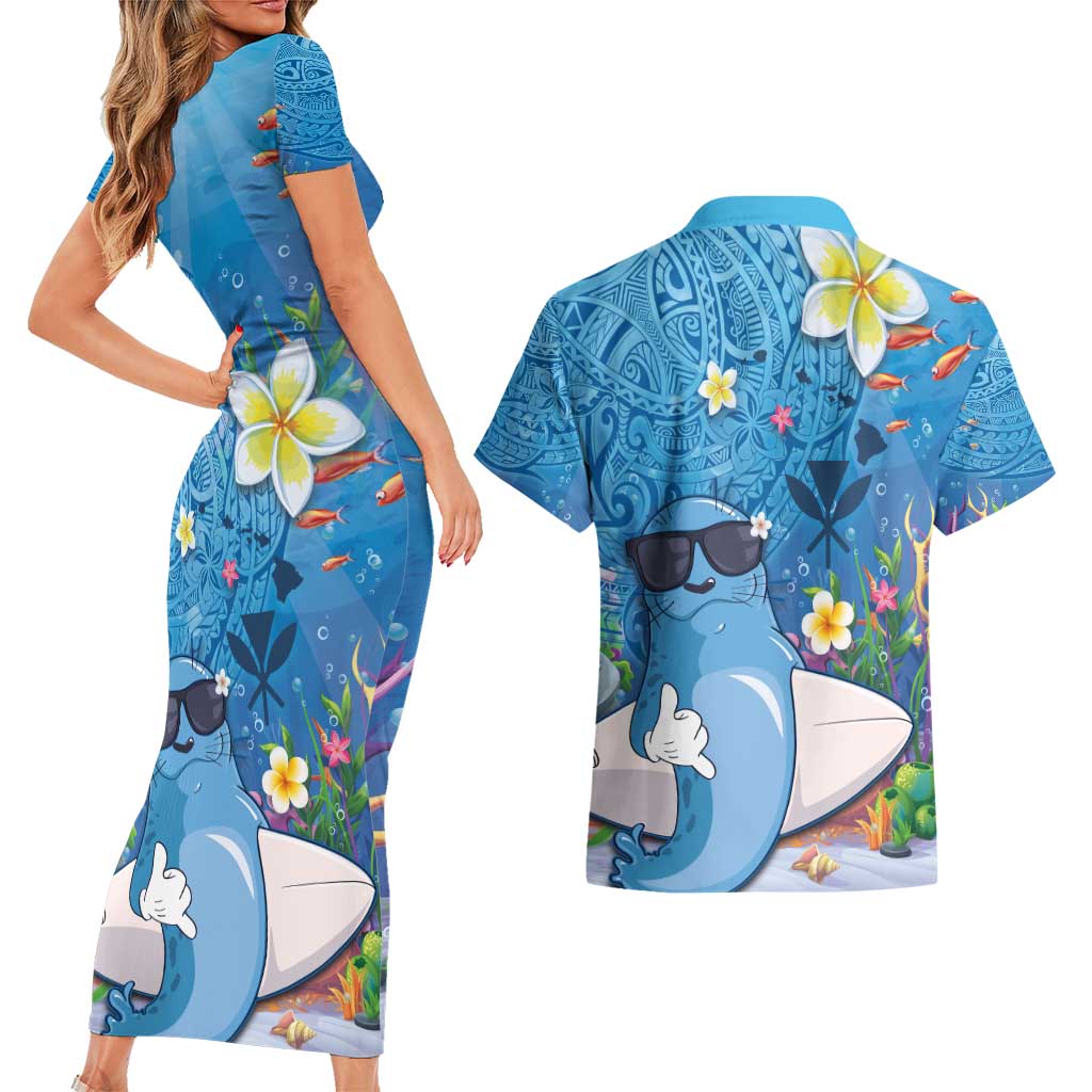 Aloha Hawaiian Monk Seal Couples Matching Short Sleeve Bodycon Dress and Hawaiian Shirt Polynesian Tattoo The Ocean and Undersea Vibe LT03 - Polynesian Pride