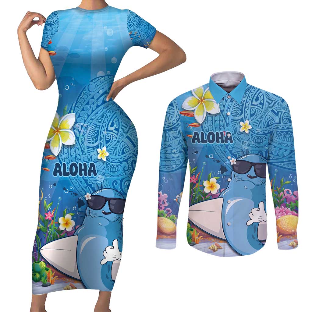 Aloha Hawaiian Monk Seal Couples Matching Short Sleeve Bodycon Dress and Long Sleeve Button Shirt Polynesian Tattoo The Ocean and Undersea Vibe