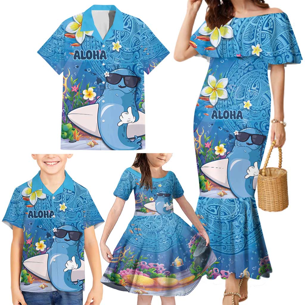 Aloha Hawaiian Monk Seal Family Matching Mermaid Dress and Hawaiian Shirt Polynesian Tattoo The Ocean and Undersea Vibe LT03 - Polynesian Pride