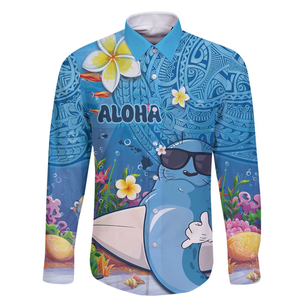 Aloha Hawaiian Monk Seal Family Matching Mermaid Dress and Hawaiian Shirt Polynesian Tattoo The Ocean and Undersea Vibe LT03 Dad's Shirt - Long Sleeve Blue - Polynesian Pride