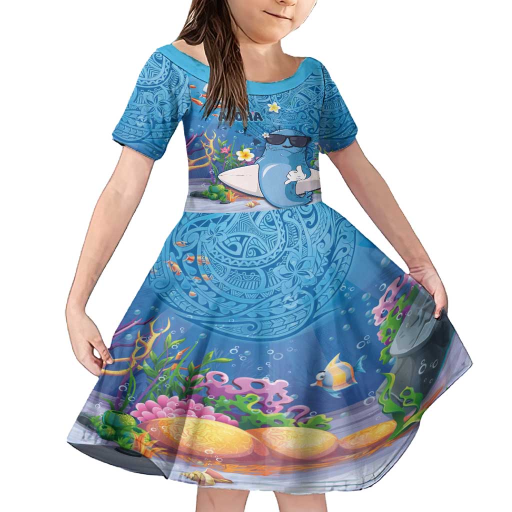 Aloha Hawaiian Monk Seal Family Matching Off Shoulder Maxi Dress and Hawaiian Shirt Polynesian Tattoo The Ocean and Undersea Vibe LT03 Daughter's Dress Blue - Polynesian Pride