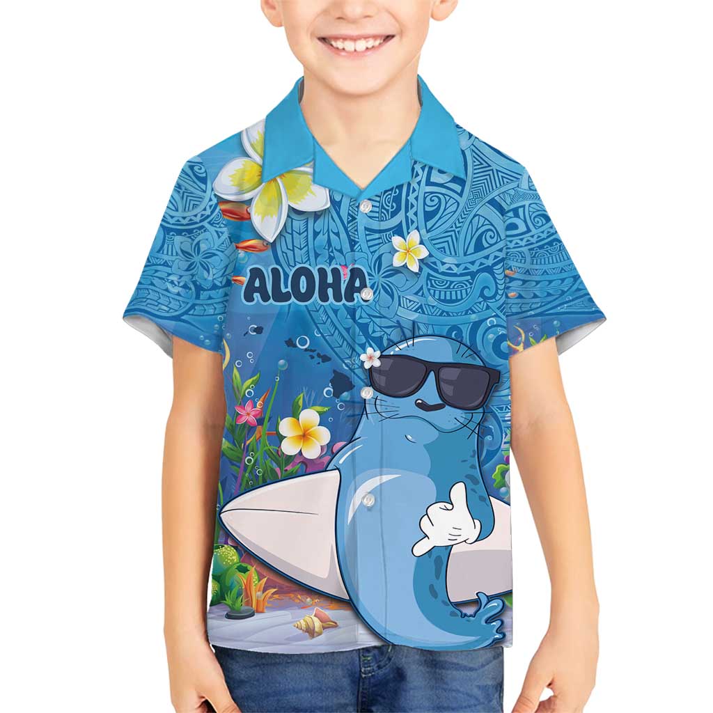 Aloha Hawaiian Monk Seal Family Matching Off Shoulder Maxi Dress and Hawaiian Shirt Polynesian Tattoo The Ocean and Undersea Vibe LT03 Son's Shirt Blue - Polynesian Pride