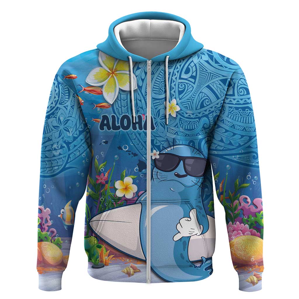 Aloha Hawaiian Monk Seal Hoodie Polynesian Tattoo The Ocean and Undersea Vibe LT03 Zip Hoodie Blue - Polynesian Pride