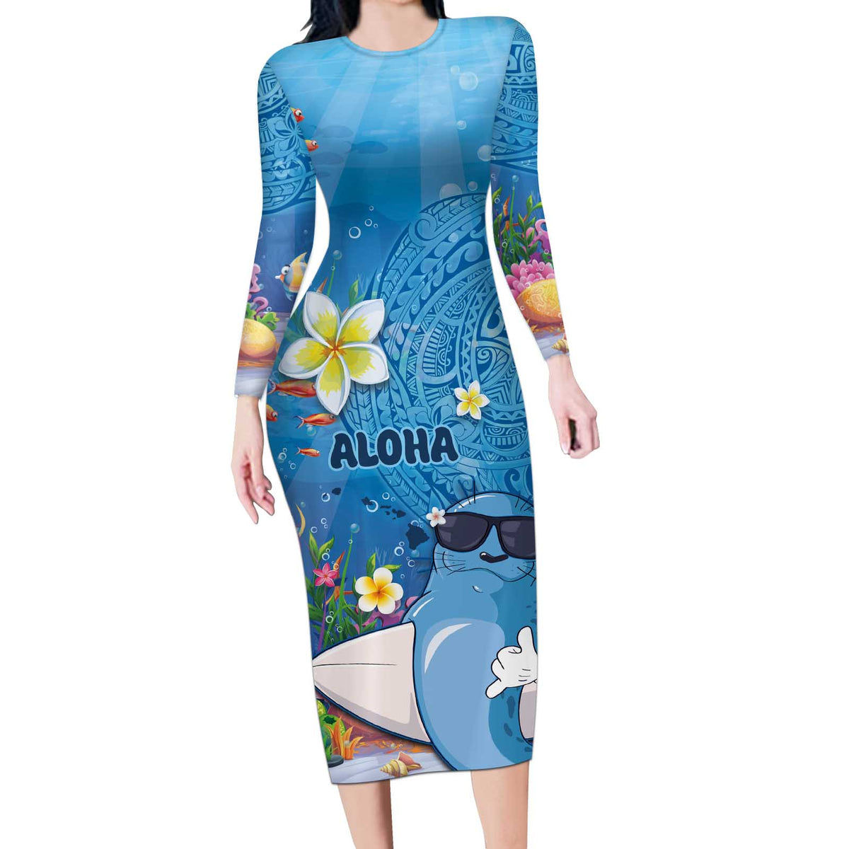 Aloha Hawaiian Monk Seal Long Sleeve Bodycon Dress Polynesian Tattoo The Ocean and Undersea Vibe LT03 Long Dress Blue - Polynesian Pride