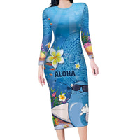 Aloha Hawaiian Monk Seal Long Sleeve Bodycon Dress Polynesian Tattoo The Ocean and Undersea Vibe LT03 Long Dress Blue - Polynesian Pride