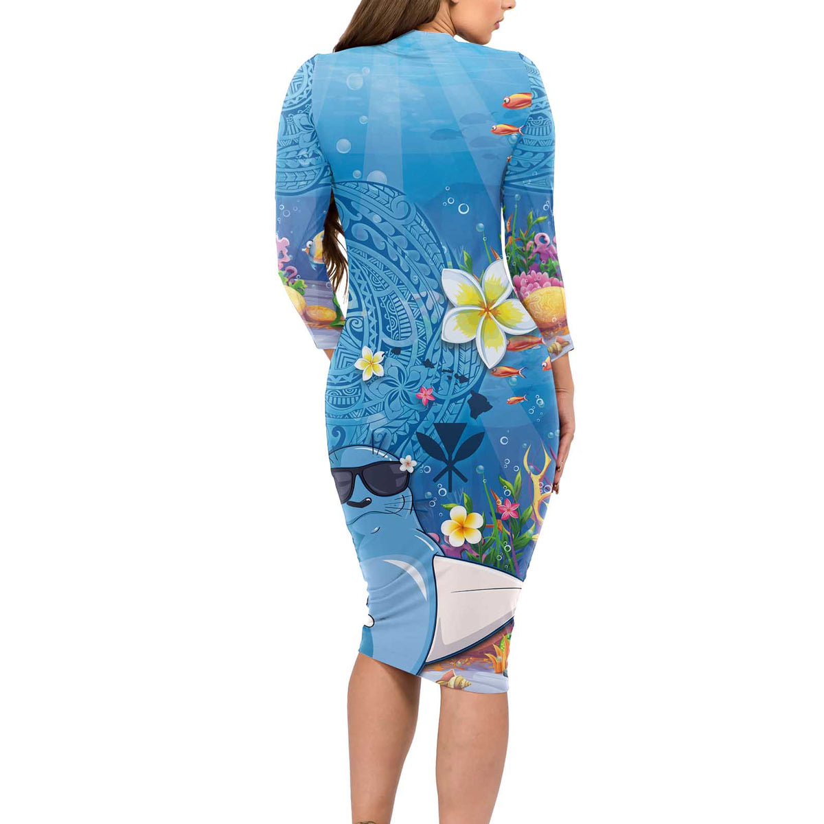 Aloha Hawaiian Monk Seal Long Sleeve Bodycon Dress Polynesian Tattoo The Ocean and Undersea Vibe LT03 - Polynesian Pride