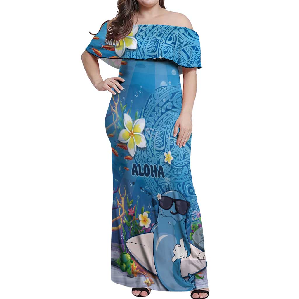Aloha Hawaiian Monk Seal Off Shoulder Maxi Dress Polynesian Tattoo The Ocean and Undersea Vibe LT03 Women Blue - Polynesian Pride