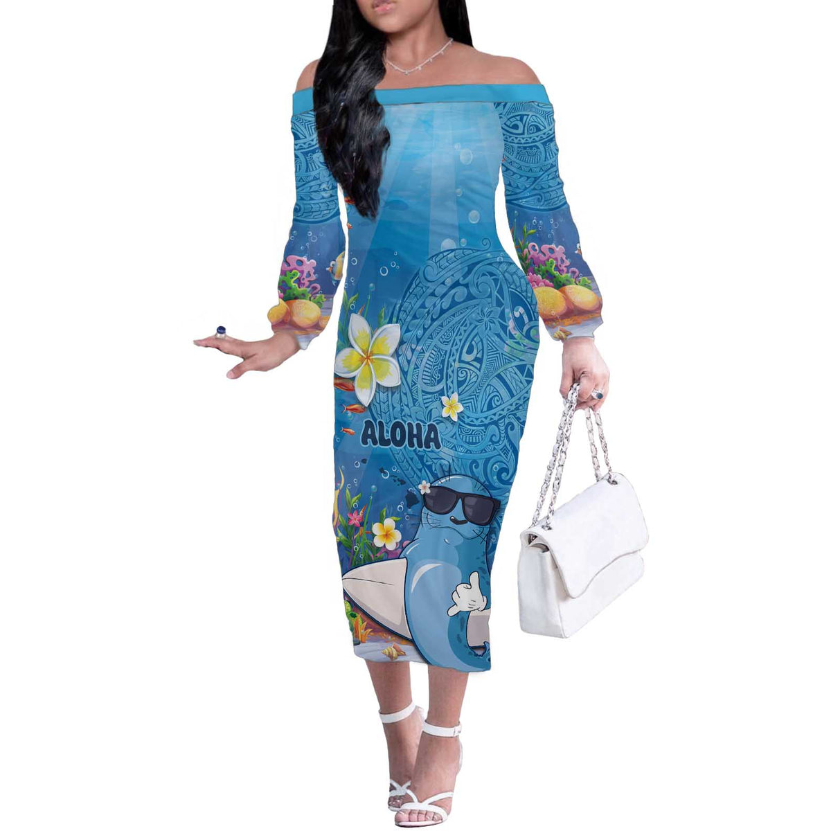 Aloha Hawaiian Monk Seal Off The Shoulder Long Sleeve Dress Polynesian Tattoo The Ocean and Undersea Vibe LT03 Women Blue - Polynesian Pride