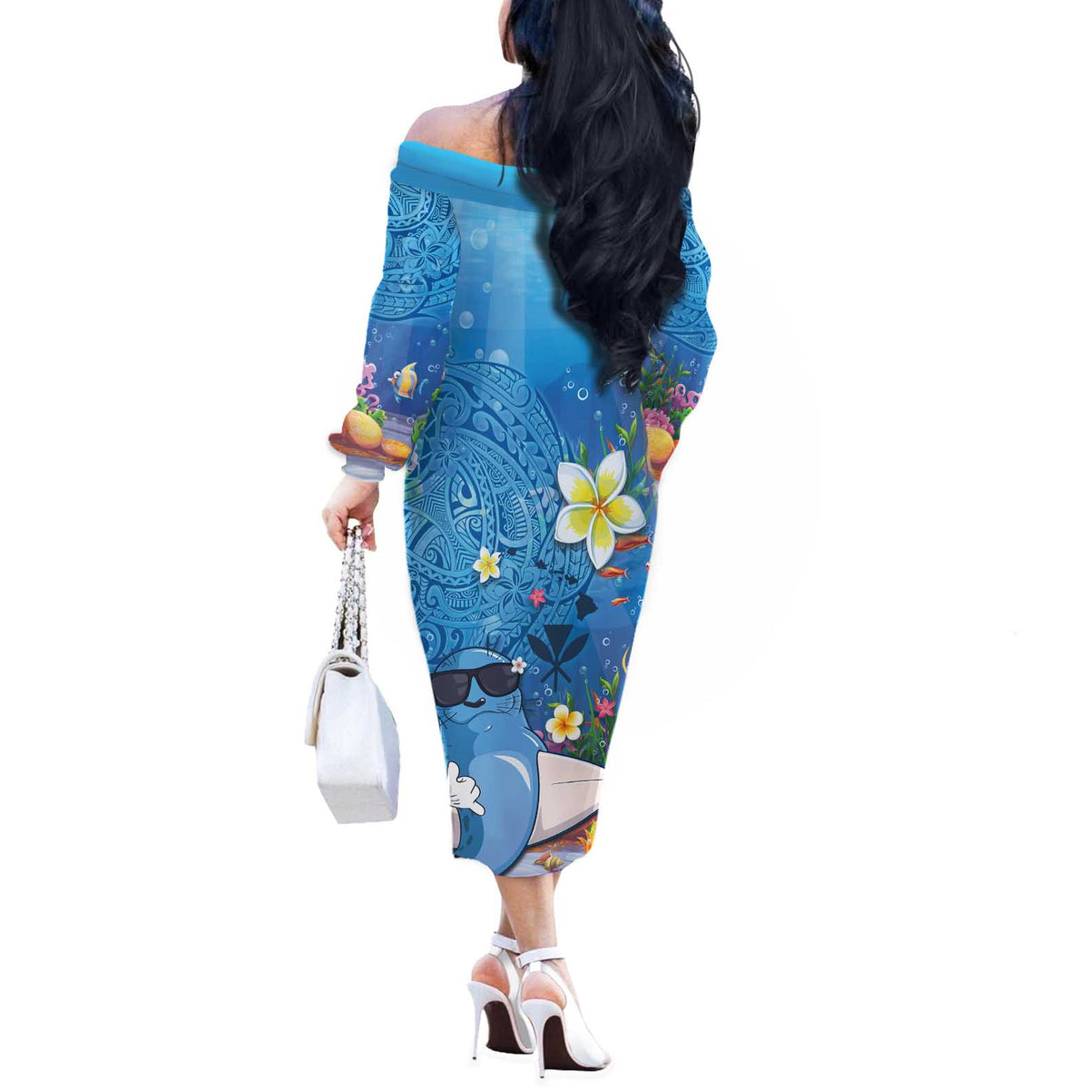 Aloha Hawaiian Monk Seal Off The Shoulder Long Sleeve Dress Polynesian Tattoo The Ocean and Undersea Vibe LT03 - Polynesian Pride