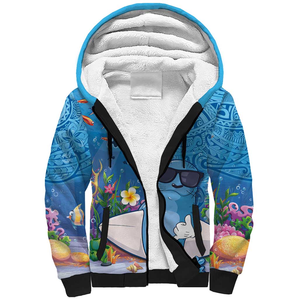 Aloha Hawaiian Monk Seal Sherpa Hoodie Polynesian Tattoo The Ocean and Undersea Vibe LT03 Unisex Blue - Polynesian Pride
