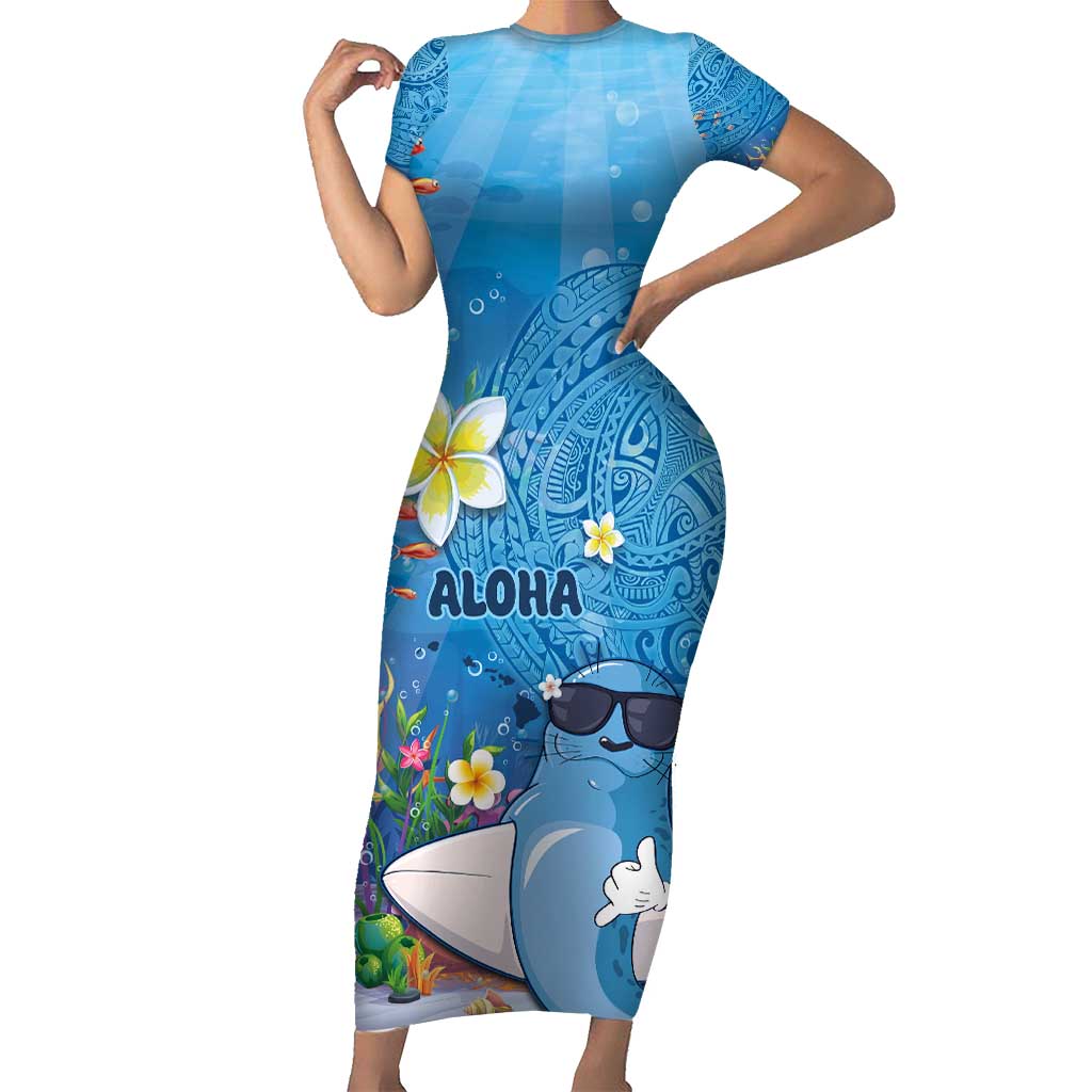 Aloha Hawaiian Monk Seal Short Sleeve Bodycon Dress Polynesian Tattoo The Ocean and Undersea Vibe LT03 Long Dress Blue - Polynesian Pride