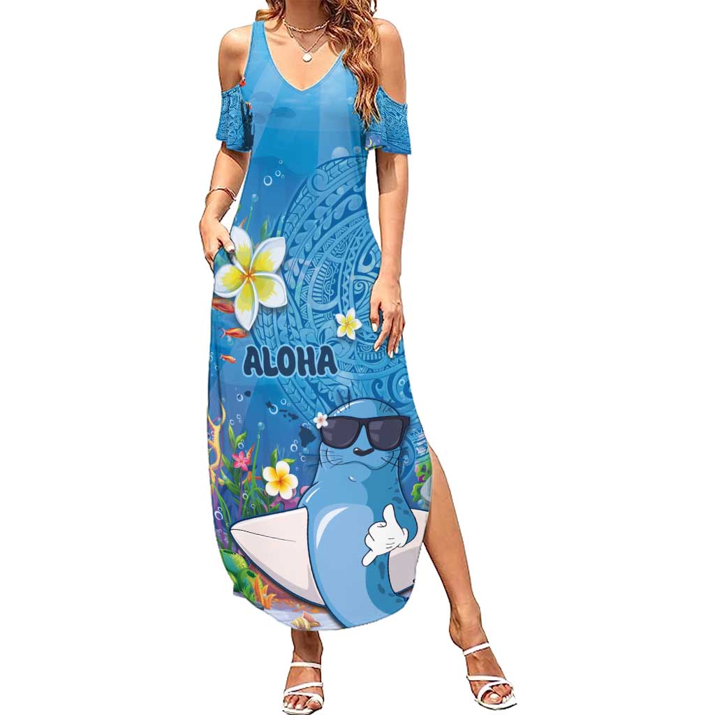 Aloha Hawaiian Monk Seal Summer Maxi Dress Polynesian Tattoo The Ocean and Undersea Vibe LT03 Women Blue - Polynesian Pride