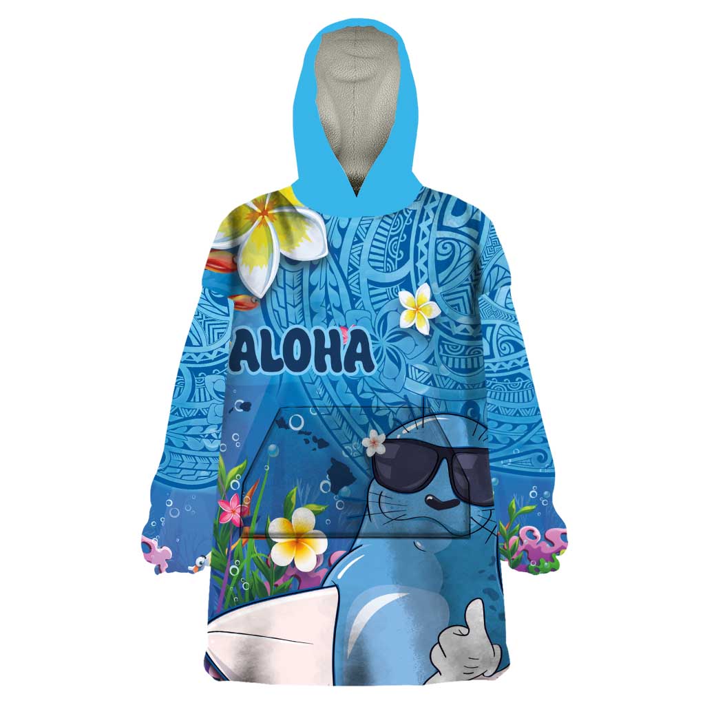 Aloha Hawaiian Monk Seal Wearable Blanket Hoodie Polynesian Tattoo The Ocean and Undersea Vibe LT03 One Size Blue - Polynesian Pride