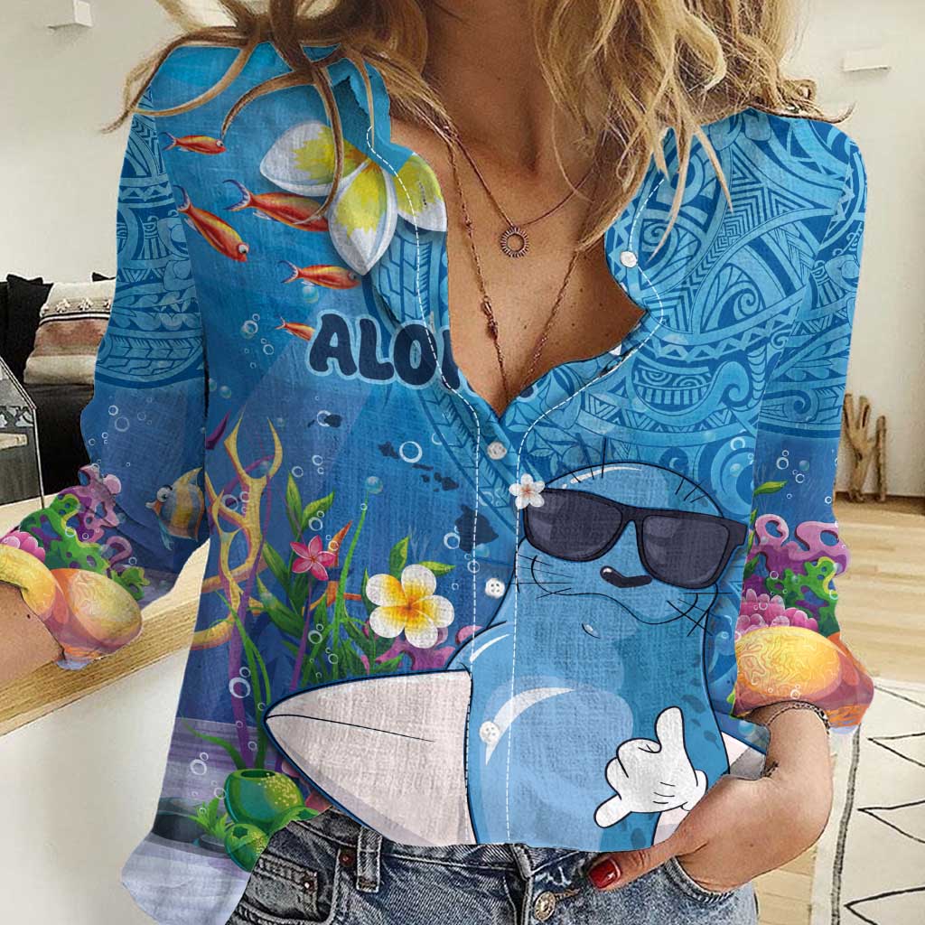 Aloha Hawaiian Monk Seal Women Casual Shirt Polynesian Tattoo The Ocean and Undersea Vibe LT03 Female Blue - Polynesian Pride