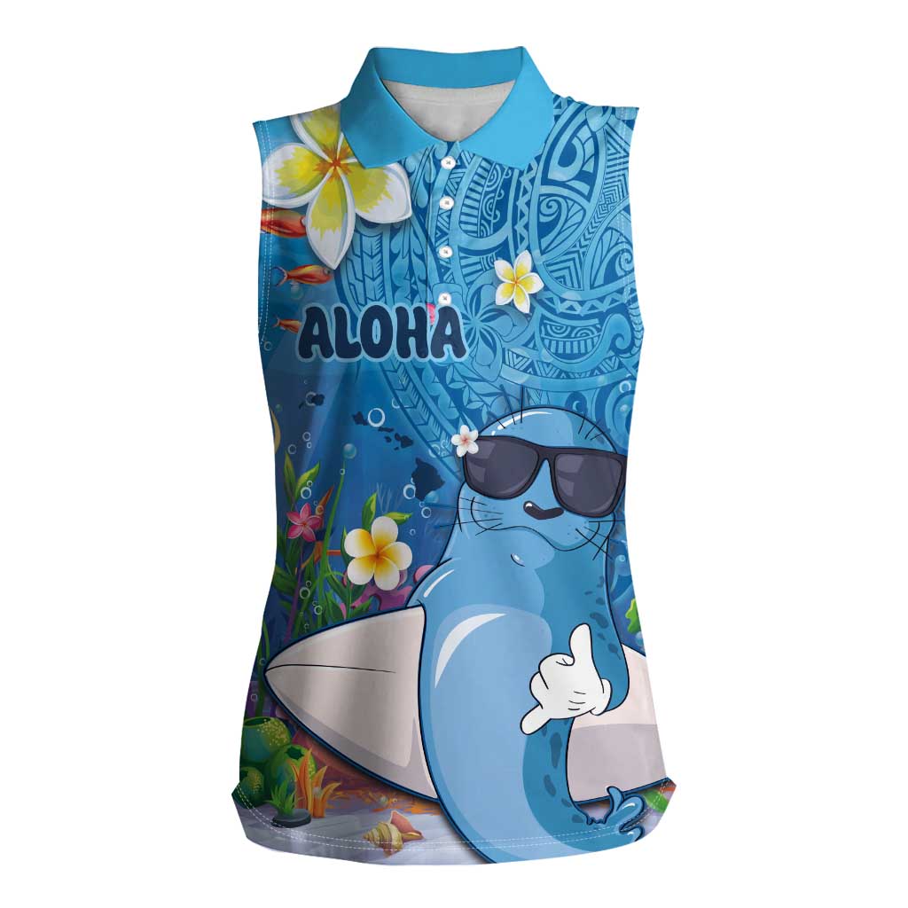 Aloha Hawaiian Monk Seal Women Sleeveless Polo Shirt Polynesian Tattoo The Ocean and Undersea Vibe LT03 Female Blue - Polynesian Pride