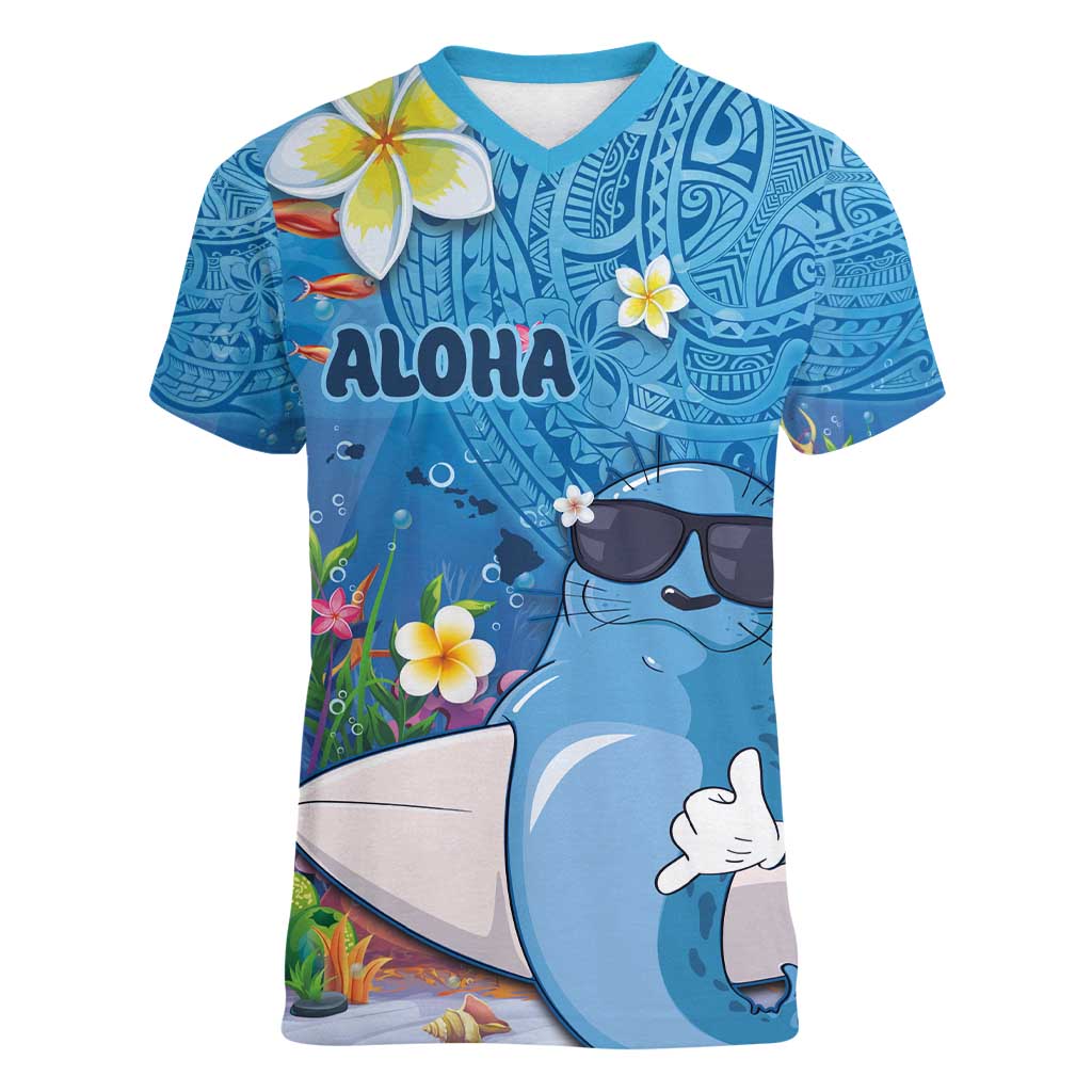 Aloha Hawaiian Monk Seal Women V-Neck T-Shirt Polynesian Tattoo The Ocean and Undersea Vibe LT03 Female Blue - Polynesian Pride