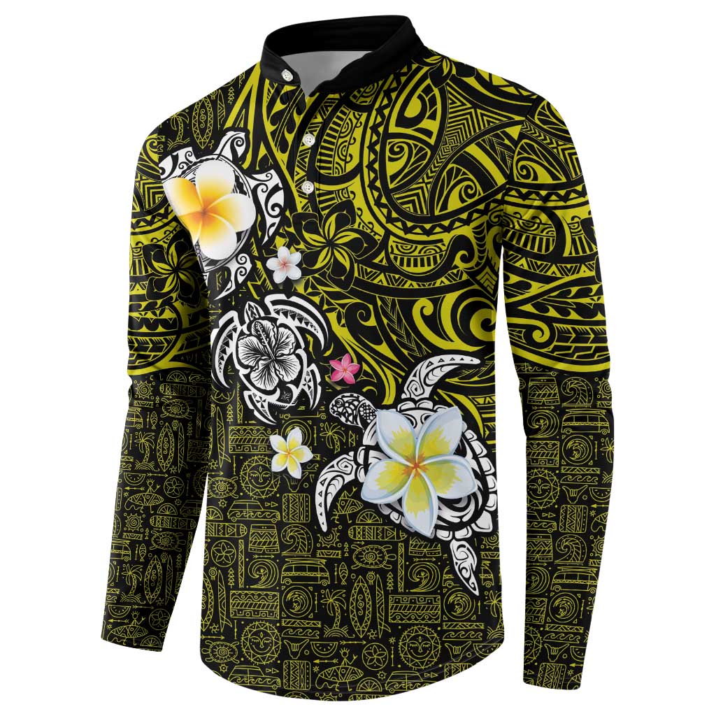 Hawaiian Turtle and Plumeria Button Sweatshirt Polynesian Tattoo and Tribal Elements Pattern Yellow Color