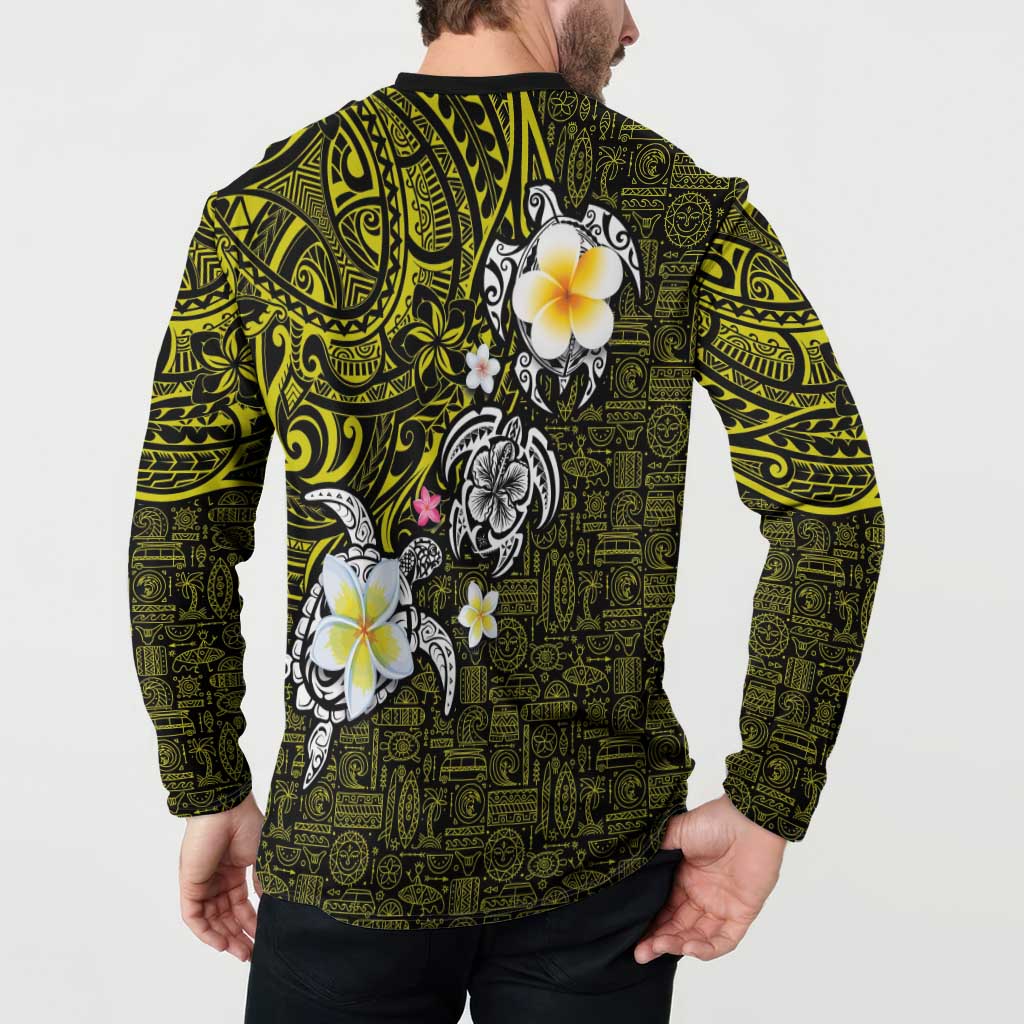 Hawaiian Turtle and Plumeria Button Sweatshirt Polynesian Tattoo and Tribal Elements Pattern Yellow Color