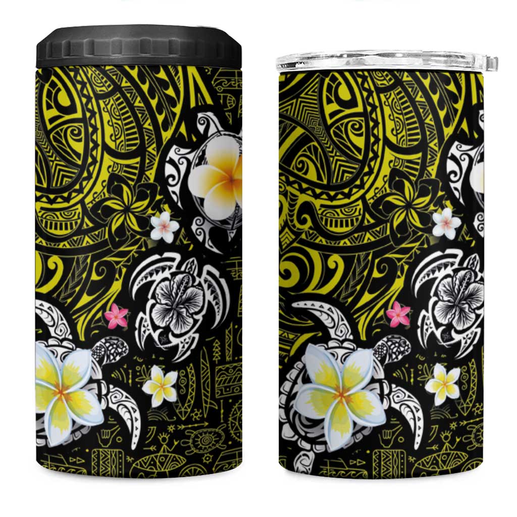 Hawaiian Turtle and Plumeria 4 in 1 Can Cooler Tumbler Polynesian Tattoo and Tribal Elements Pattern Yellow Color LT03 One Size: 16 oz Yellow - Polynesian Pride