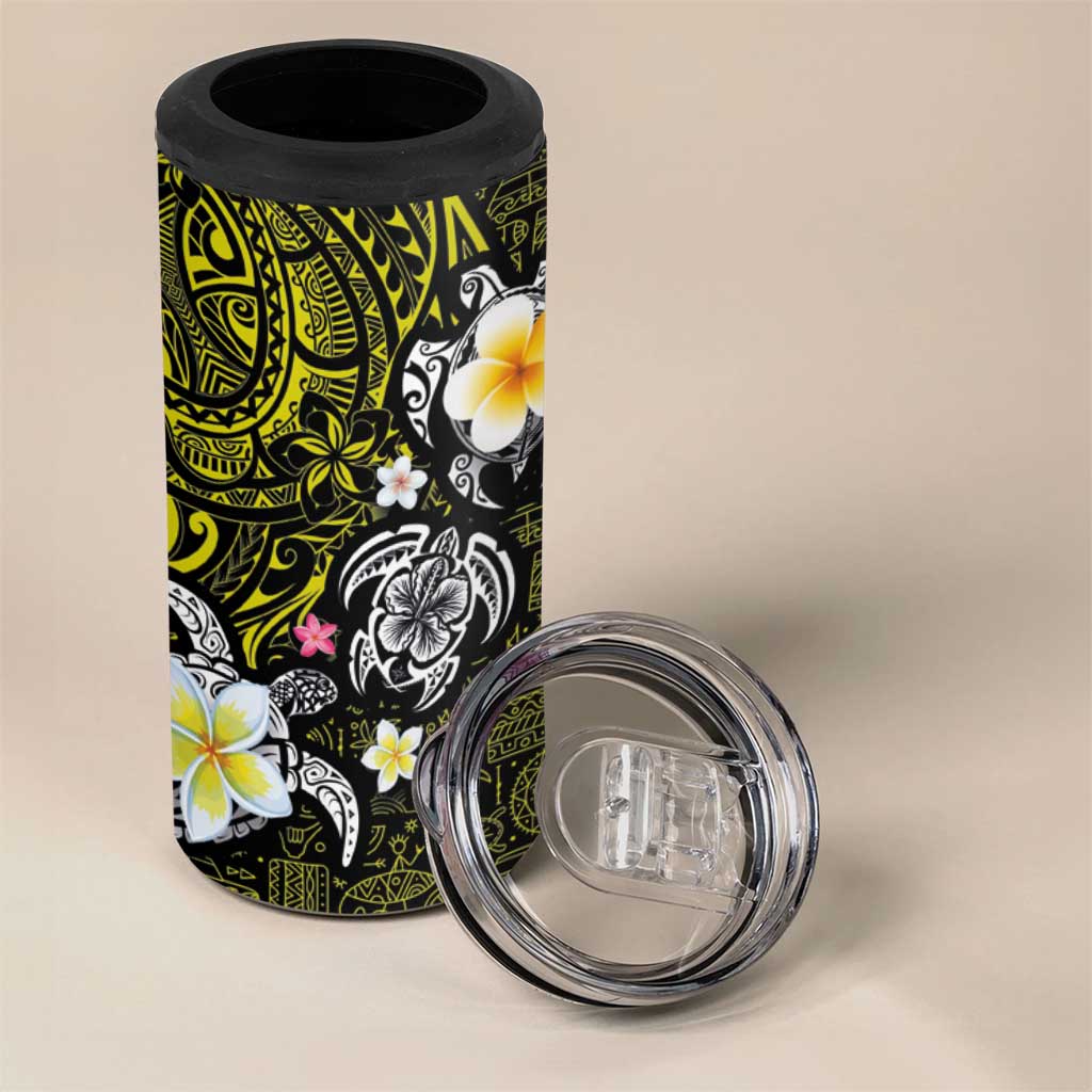 Hawaiian Turtle and Plumeria 4 in 1 Can Cooler Tumbler Polynesian Tattoo and Tribal Elements Pattern Yellow Color LT03 - Polynesian Pride