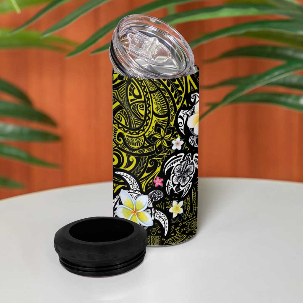 Hawaiian Turtle and Plumeria 4 in 1 Can Cooler Tumbler Polynesian Tattoo and Tribal Elements Pattern Yellow Color LT03 - Polynesian Pride