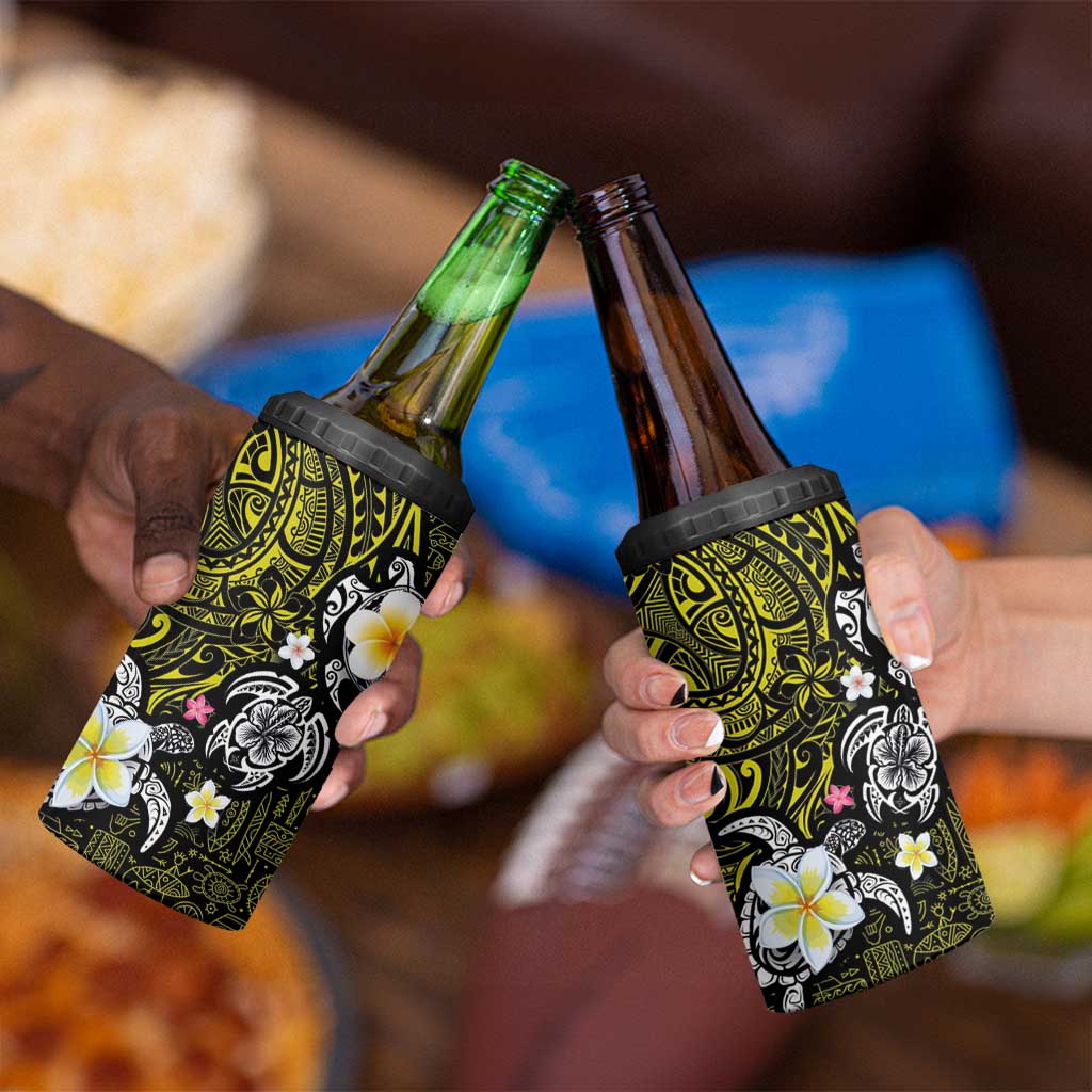 Hawaiian Turtle and Plumeria 4 in 1 Can Cooler Tumbler Polynesian Tattoo and Tribal Elements Pattern Yellow Color LT03 - Polynesian Pride