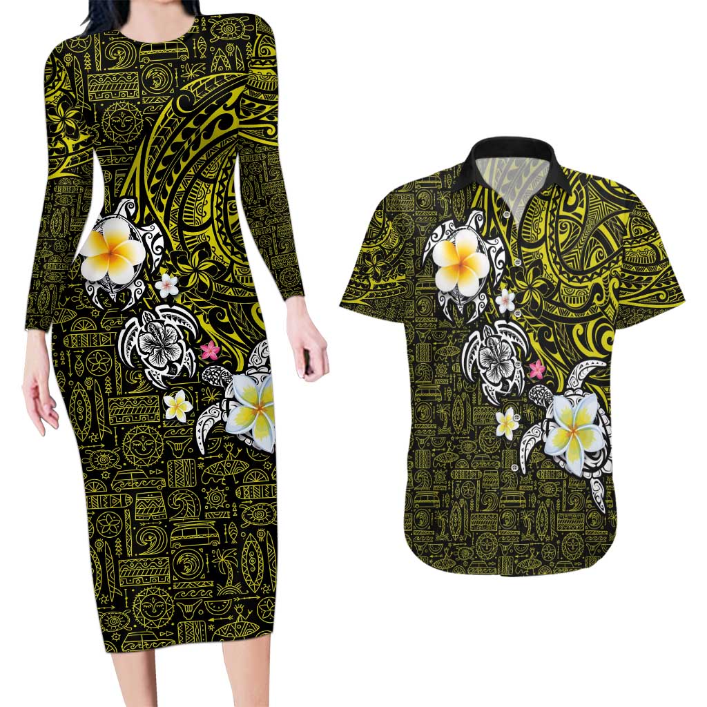 Hawaiian Turtle and Plumeria Couples Matching Long Sleeve Bodycon Dress and Hawaiian Shirt Polynesian Tattoo and Tribal Elements Pattern Yellow Color LT03 Yellow - Polynesian Pride