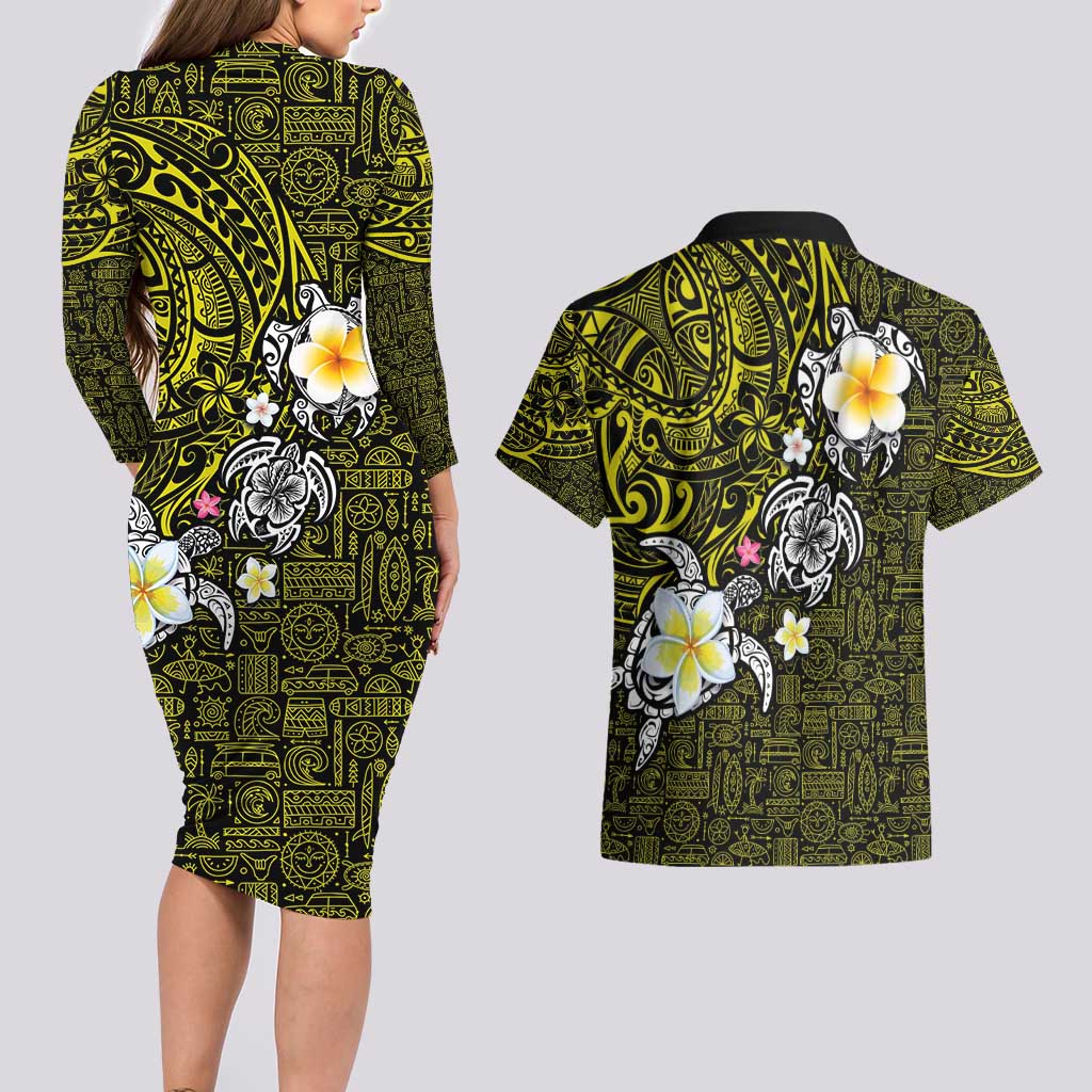 Hawaiian Turtle and Plumeria Couples Matching Long Sleeve Bodycon Dress and Hawaiian Shirt Polynesian Tattoo and Tribal Elements Pattern Yellow Color LT03 - Polynesian Pride