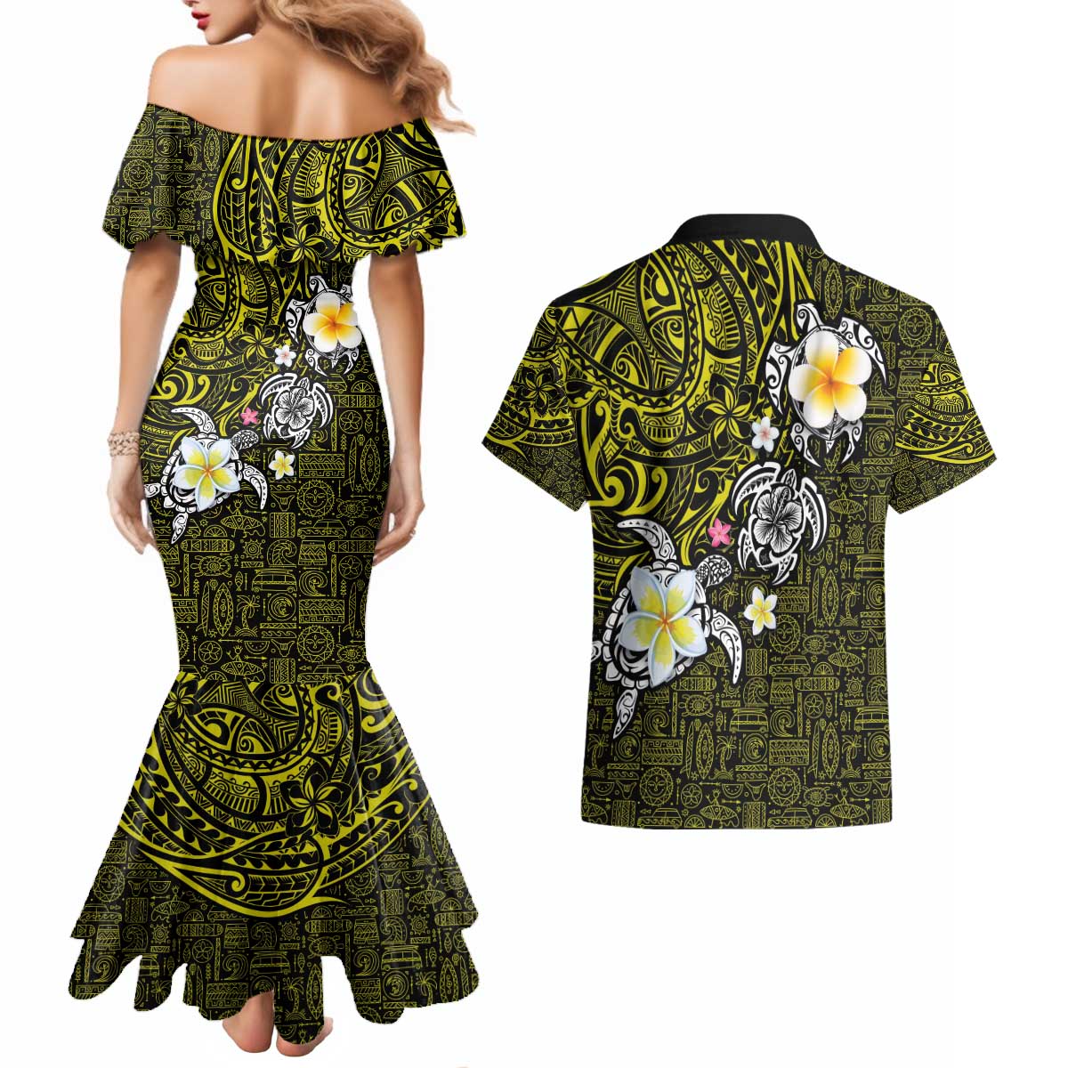 Hawaiian Turtle and Plumeria Couples Matching Mermaid Dress and Hawaiian Shirt Polynesian Tattoo and Tribal Elements Pattern Yellow Color LT03 - Polynesian Pride