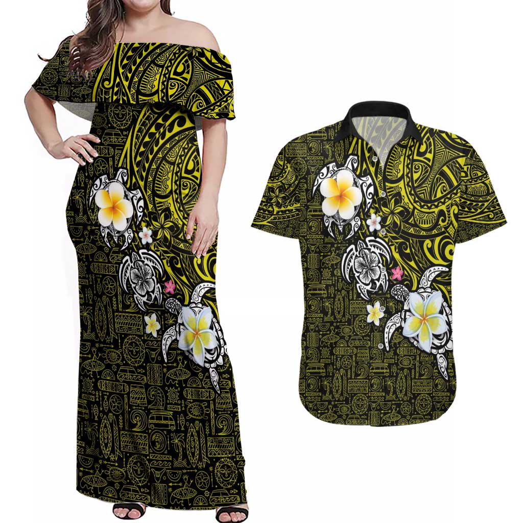 Hawaiian Turtle and Plumeria Couples Matching Off Shoulder Maxi Dress and Hawaiian Shirt Polynesian Tattoo and Tribal Elements Pattern Yellow Color LT03 Yellow - Polynesian Pride