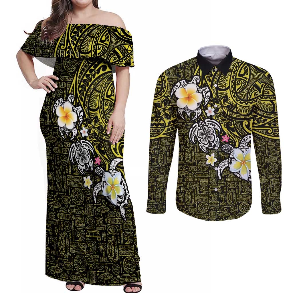 Hawaiian Turtle and Plumeria Couples Matching Off Shoulder Maxi Dress and Long Sleeve Button Shirt Polynesian Tattoo and Tribal Elements Pattern Yellow Color